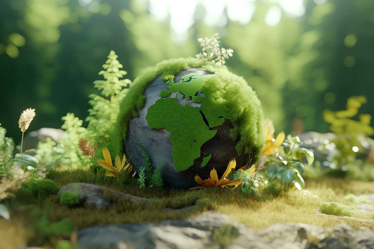 3D render of a model of the earth made out of a small moss-covered rock
