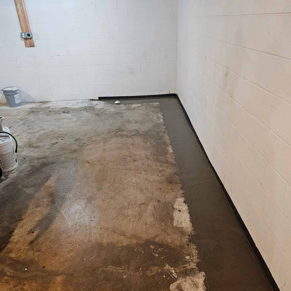 Basement with new waterproof membrane installed to prevent flooding