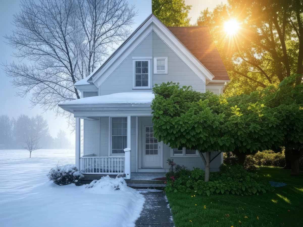 A photo of a house split down the middle. On the left half of the image, it's winter. On the right half, it's summer.