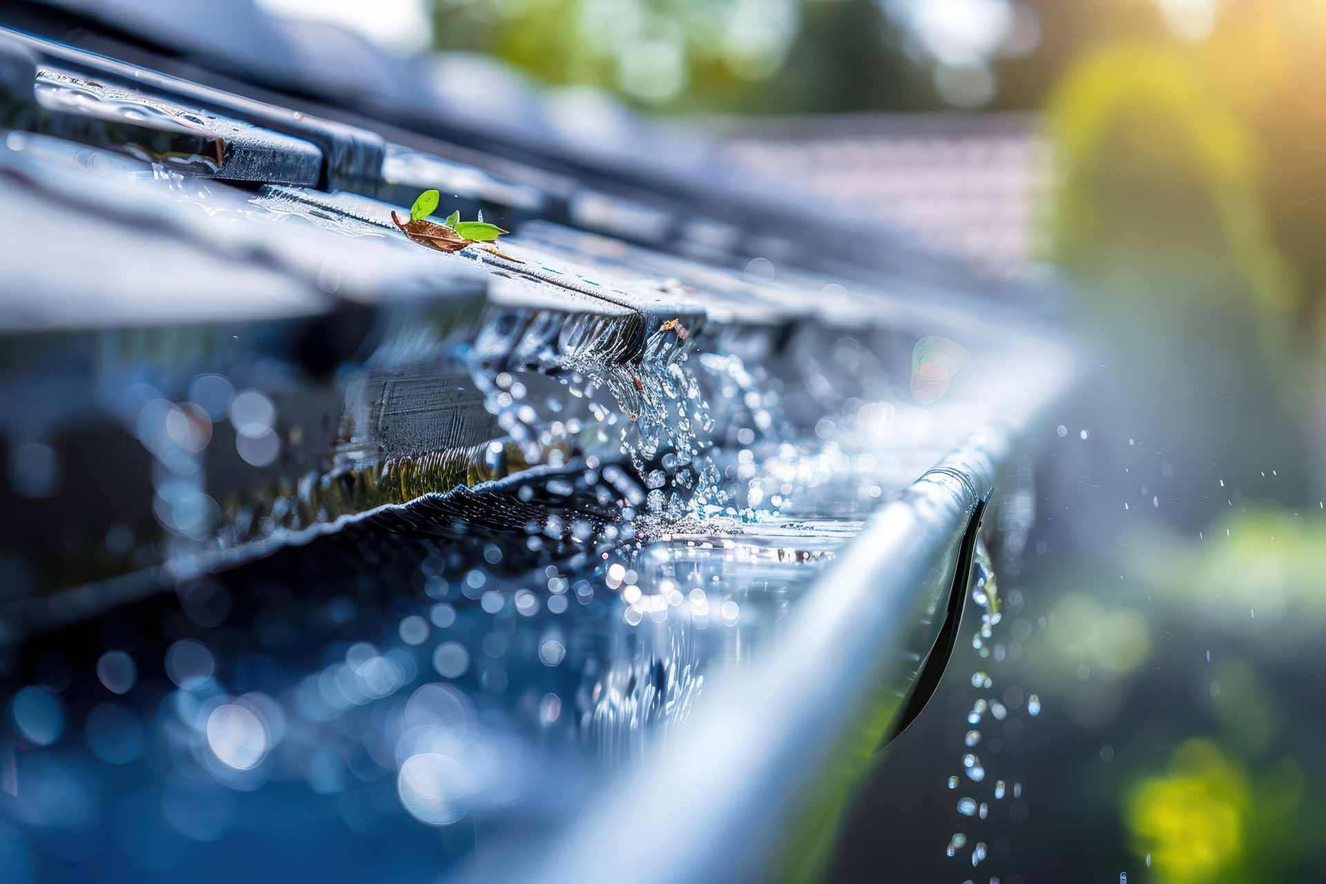 Closeup on rain gutters overflowing with water