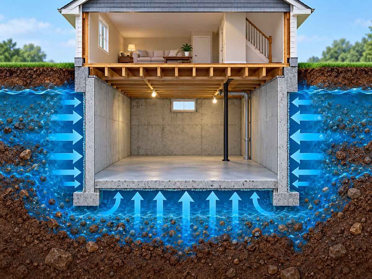 Diagram illustrating the effects of hydrostatic pressure on a home's foundation